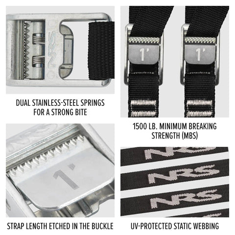 Heavy Duty Tie Down Straps 2 Pack For Vehicle Trailer Kayak And Roof Rack Cargo Securement 500 Lbs Working Load 1500 Lbs Breaking Strength UV Resistant Webbing With No Slip Cam Buckles close-up of cam buckles and webbing details