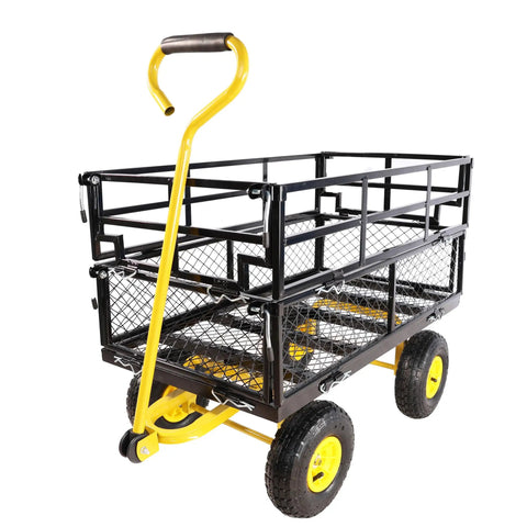 Four-Wheeled Trailer With Double-Deck Detachable Side For Farm And Warehouse Use Steel Heavy-Duty Cart in Black and Yellow