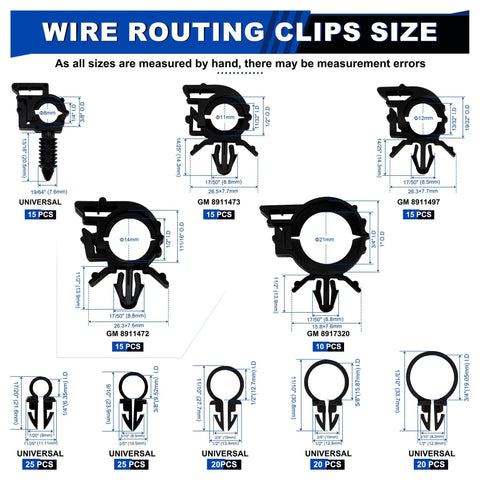 Wire loom routing clips kit showing 14 clip sizes, part of the 200 Piece Car Wire Loom Routing Clips Kit With 14 Clip Sizes And 4 Universal Push Mount Zip Ties For Wiring Harness Routing Replacement Parts For Honda GM Mazda And More.