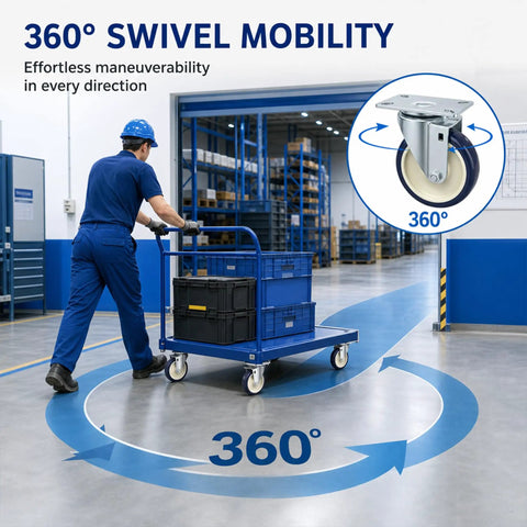 Premium 5 Inch Caster Set Brings Rollin Smooth Moves To Your Workflow Using Silent Nonmarking Polyurethane Wheels on a cart.