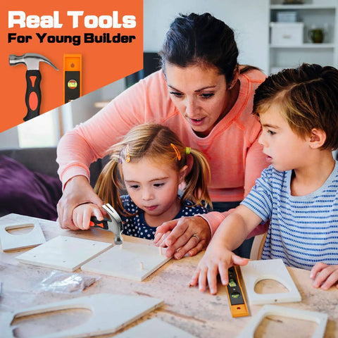 Real Deal 95 Piece Kids Tool Set For Home DIY And Woodworking Projects With Hammer, Screwdriver, Pliers, family using tools