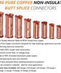 0 Gauge Bare Copper Butt Splice Connectors Kit, 12-Piece Non-Insulated Seamless Barrel Crimp Terminals For Solid Or Stranded Wire, 1/0 AWG