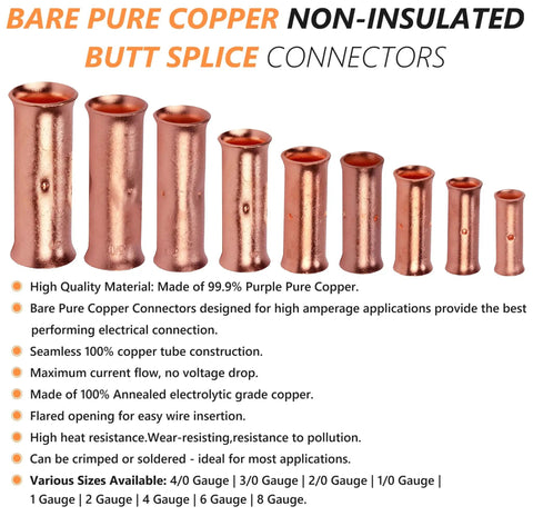 0 Gauge Bare Copper Butt Splice Connectors Kit, 12-Piece Non-Insulated Seamless Barrel Crimp Terminals For Solid Or Stranded Wire, 1/0 AWG