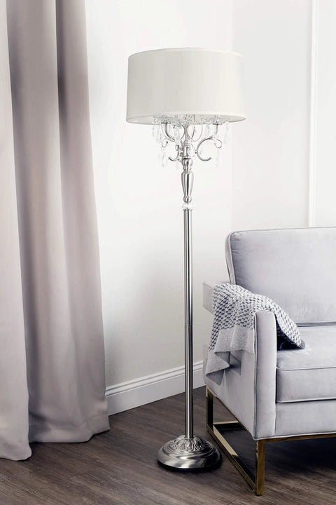 Crystal Silver Floor Lamp Dope 62 Inch Tall With 17 By 17 Inch Base UL Listed 40 Watt Max On Off Switch next to a grey chair