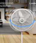 Front view of oscillating pedestal fan with adjustable height from 38 to 54.5 inches, tilt adjustable, 3 speed options, 18 inch white fan in living room.