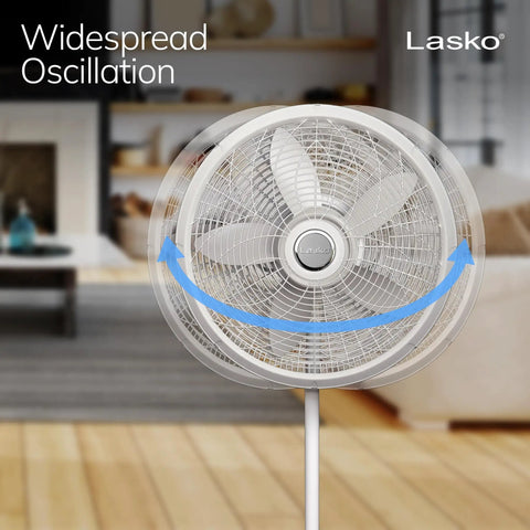 Front view of oscillating pedestal fan with adjustable height from 38 to 54.5 inches, tilt adjustable, 3 speed options, 18 inch white fan in living room.