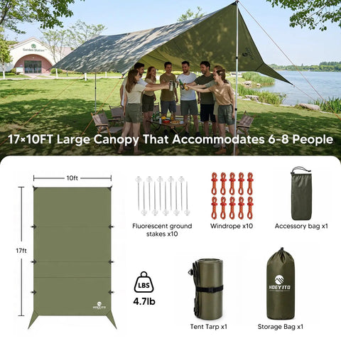 Group under 17x10 Ft Heavy Duty Camping Tarp Rain Fly With PU6000mm Waterproof Coating, UV UPF 100 Plus Sun Shield canopy