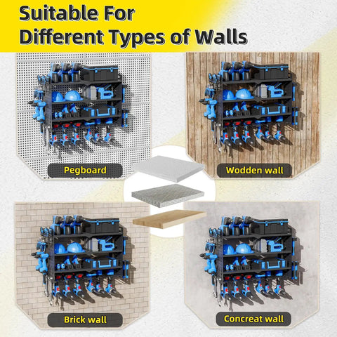 Heavy Duty Power Tool Organizer Wall Mount With Charging Station And Drill Holder, 600 Lb Capacity displayed on various walls