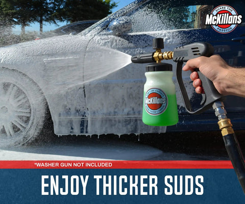 Wide Mouth Foam Cannon For Pressure Washer With Adjustable Thick Foam Snow Foam Solution Soap Dispenser One Quarter Inch Quick Connector Car Wash Lance Easy Dilution And Stable Base held by user spraying foam on car