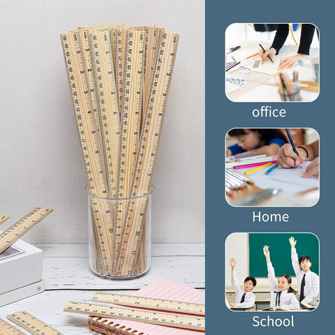 60 Pack Wooden Rulers 12 Inch Measuring Rulers Bulk Wood Ruler With Double Sided Metric And Inch Scales in a glass holder