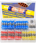 haisstronica 120-piece solder-seal wire connectors kit in a clear case; blue, red, and yellow heat-shrink butt splices