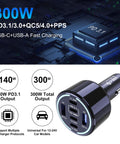 Straight Fire 300W Usb C Car Charger With Six Ports Smart Pd 3 1 Fast Charging Adapter showing ports and specs on a tech background.