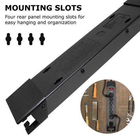 Beefy 25 Ft 7 Outlet Metal Surge Protector Power Strip With 14 AWG Cord, 1350 Joules, showing mounting slots detail