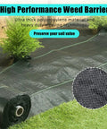Heavy Duty 6 By 300 Ft Weed Barrier Landscape Fabric Three Point Two Oz Ground Cover Garden Mat on soil with shrubs.
