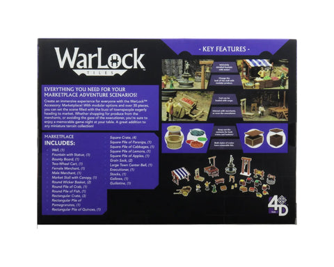 Packaging for Warlock Tiles Marketplace Accessory For Dungeons And Dragons And Tabletop RPGs with images of stalls and carts