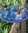 Heavy Duty Deck Mounted Glass Bird Bath With Secure Adjustable Clamp For Garden Railing Patio Fence Or Window Ledge delivering water for two hummingbirds.