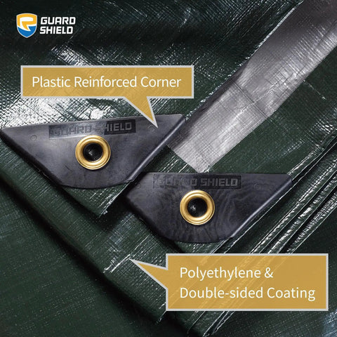 Close-up of Heavy Duty Green Silver Poly Tarp Cover 10x20 Feet Waterproof 16mil Tarpaulin with reinforced corners and grommets.