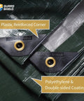 Close-up of Green and Silver Double Sided Beefy Heavy Duty Tarp Cover 12x20 Feet, showcasing reinforced corners and grommets.
