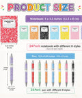 Image showing product sizes for 24 Pack Mini Journal Notebooks With Ballpoint Pen, Themed Composition Notebooks For Back To School And Office Supplies, Dope Bulk Teacher Appreciation Gifts, Pocket Size Set Of 24