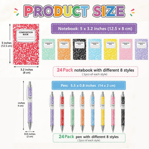 Image showing product sizes for 24 Pack Mini Journal Notebooks With Ballpoint Pen, Themed Composition Notebooks For Back To School And Office Supplies, Dope Bulk Teacher Appreciation Gifts, Pocket Size Set Of 24