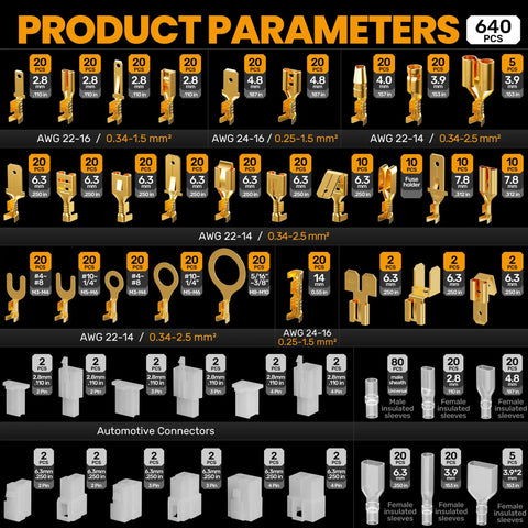Chart showing 640 pcs of connectors and housings in various sizes for Open Barrel Spade Connector Crimping Tool Kit for 24-14 AWG.