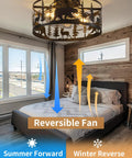 Straight Up Farmhouse Ceiling Fan With Integrated Lights And Remote Control Rustic Black Caged Fandelier in bedroom with bear and deer design.