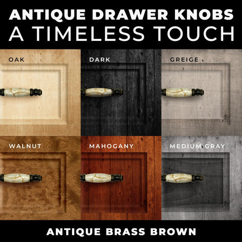 Variety of cabinet doors with Set Of 10 Antique Brass Cabinet Drawer Pulls with Brown Marble Ceramic Center on different wood finishes.