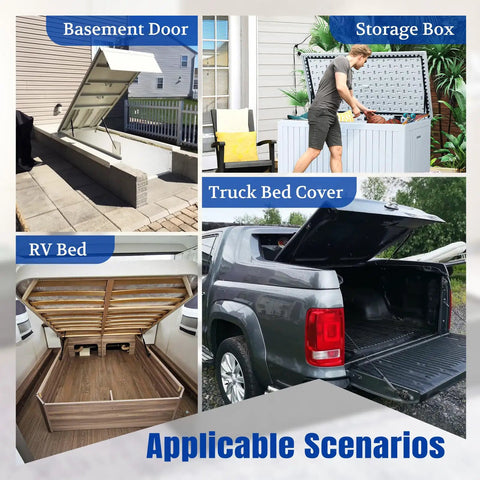 Collage showing uses of 20 Inch Gas Prop Spring Strut Set 2 Pack 100 Lb Each For RV Lids And Hatches on basement, RV, storage, truck