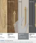 Champagne Bronze Traditional Cabinet Pull For Cabinets And Furniture Five And One Sixteenth Inch Center To Center Mounting in use on diverse wood backgrounds