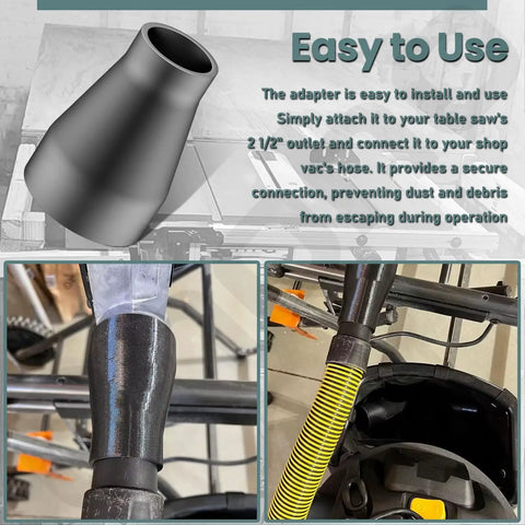 Heavy Duty Table Saw Dust Collection Adapter Two And A Half Inch Outlet Down To One And Seven Eighths Inch Vacuum Hose Universal Fit For Table Saws And Shop Vacuums Works With DWE7491 DWE7491RS showing installation steps