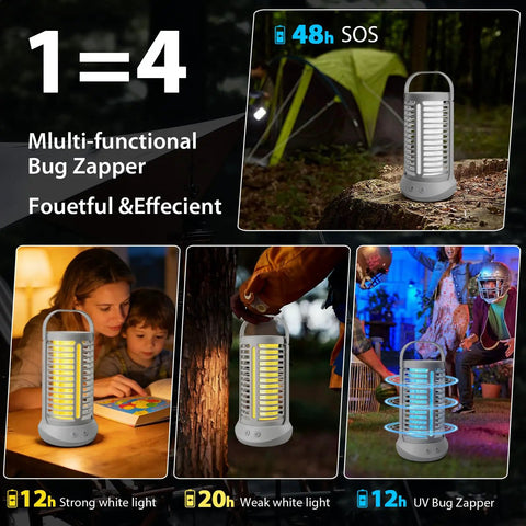 Outdoor Mosquito Zapper With LED Light And 4000mAh Battery, Rechargeable Insect Killer Lamp for camping and home use, grey
