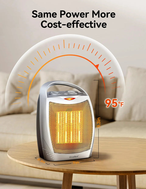 2 In 1 Portable Electric Space Heater With Thermostat 1500W/750W Ceramic Heater With Fan on table in living room