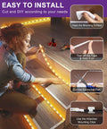 Woman installing Warm White 3000K 16.4 Foot LED Strip Lights 12V Tape Light With 300 LEDs Per Reel on steps, demonstrating cuttable feature.