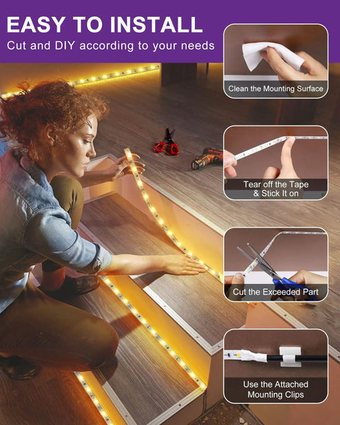 Woman installing Warm White 3000K 16.4 Foot LED Strip Lights 12V Tape Light With 300 LEDs Per Reel on steps, demonstrating cuttable feature.