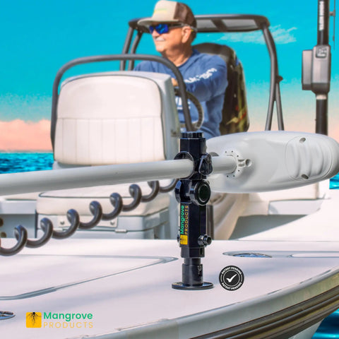 Gen3 Adjustable Trolling Motor Stabilizer with vertical adjustment installed on a boat deck for steady steering and smooth rides