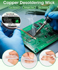 No Clean Solder Flux Paste and 0.1 Inch Braided Copper Desoldering Wick Kit used on a PCB with blue gloves