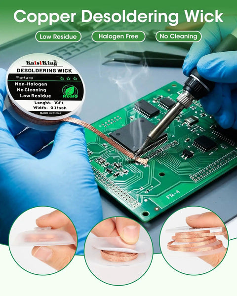 No Clean Solder Flux Paste and 0.1 Inch Braided Copper Desoldering Wick Kit used on a PCB with blue gloves