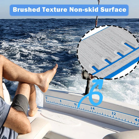 40 Inch EVA Foam Fish Ruler With Self Adhesive Backing For Boats And Kayaks Non Skid Surface shown on boat deck