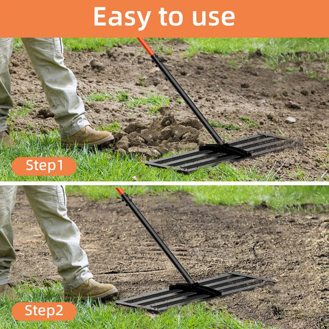 Heavy Duty Stainless Steel Lawn Leveling Rake 30 Inch By 10 Inch Yard Tool leveling soil in two-step process on lawn