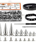 Badass 220 Piece Punk Spike And Stud Hardware Kit For Clothing Leather Crafting Includes Tapered Cone Fasteners Extra Long Screws Premium Metal Set with spikes, studs, and screws.