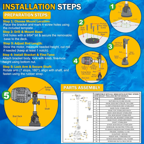 Installation guide for Stabilizer Mount For Trolling Motors With Fold Down Bracket And Adjustable Arm, Marine Grade Anti Bounce Design