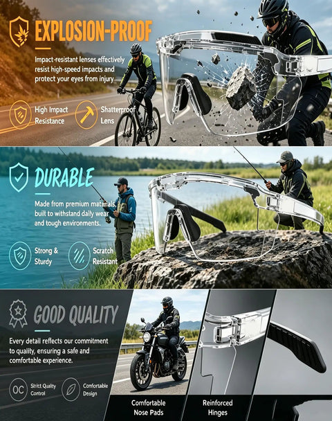 Kickass Photochromic Polarized Safety Glasses With UV400 Protection And Impact Resistant Build For Cycling Driving Work Tasks Ace Eyewear showcased with a cyclist.