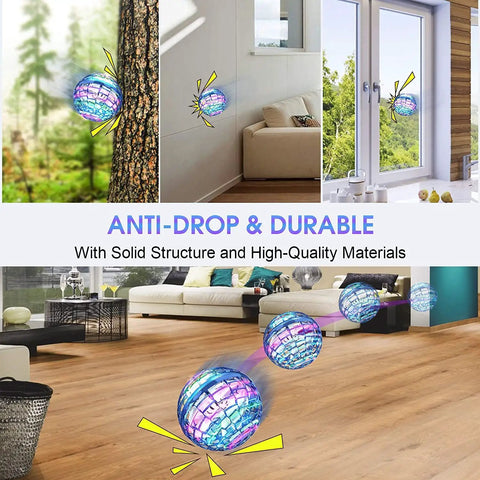Hand Controlled Flying Orb With Lights Boomerang Drone For Kids Indoor Outdoor Fun, shining in various indoor and outdoor settings