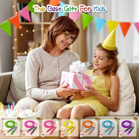 Mother and daughter enjoying a gift with Kids Jump Rope For 8 To 12 Year Olds Safe Non Toxic PVC Rope For Fun Kid Friendly Toy.