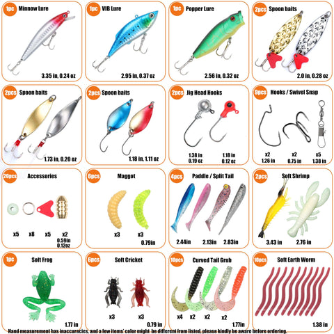 All In One Fishing Lures Kit With Tackle Box Includes 79 Pcs Bass Lures Set Featuring Crankbaits Spoons Jigs Plastic Worms Soft Baits Topwater Lures Minnow Shrimp Soft Frog And More For Freshwater Fishing showing various lures and sizes