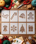 Rad Eight Piece Router Template Stencil Kit For Wood Crafting And Fabric Decor Precision Cut Acrylic Stencils featuring holiday designs on desk.