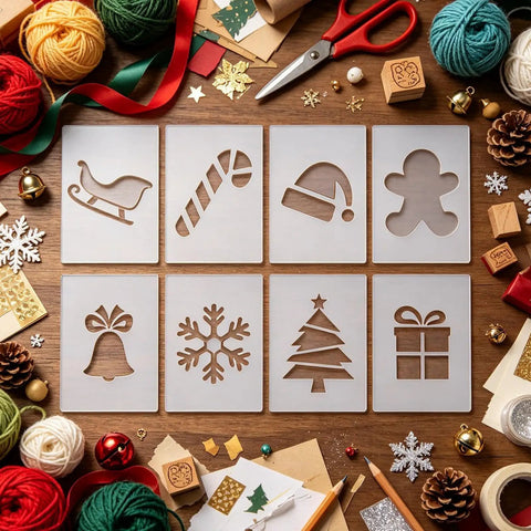 Rad Eight Piece Router Template Stencil Kit For Wood Crafting And Fabric Decor Precision Cut Acrylic Stencils featuring holiday designs on desk.