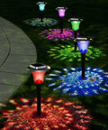Solar Outdoor Path Lights 6 Pack With Lit Color Changing And Static Warm Glow Modes along a garden pathway at night