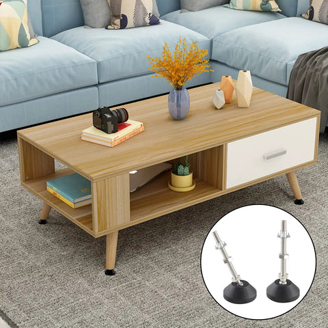 Adjustable Leveling Feet Set for Furniture and Tables, Swivel Levelers With 1.9 Inch Base, M8 Thread Size, 3 Inch Thread Length, 4 Pack shown with modern coffee table.