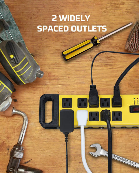 10 Outlet Power Strip With 15ft Cord And Flat Plug UL Listed Surge Protector 1440 Joules, tools visible, two widely spaced outlets